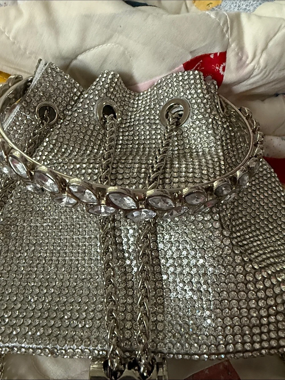 NWT Womens Silver Crystal Drawstring Bucket Bag 10” x 4” x 24”